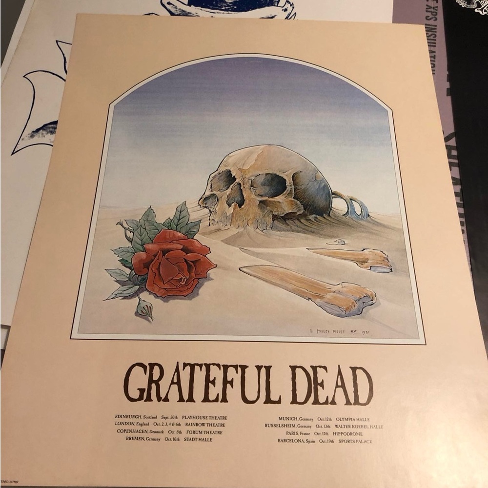 Grateful Dead Art Poster with Skull and Rose in Cream and Blue